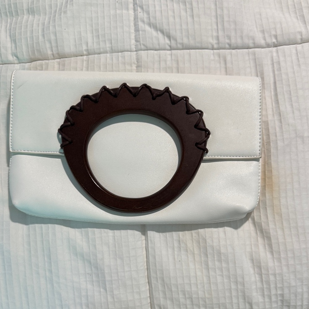 Kari Blue White Clutch Bag with Brown Handle